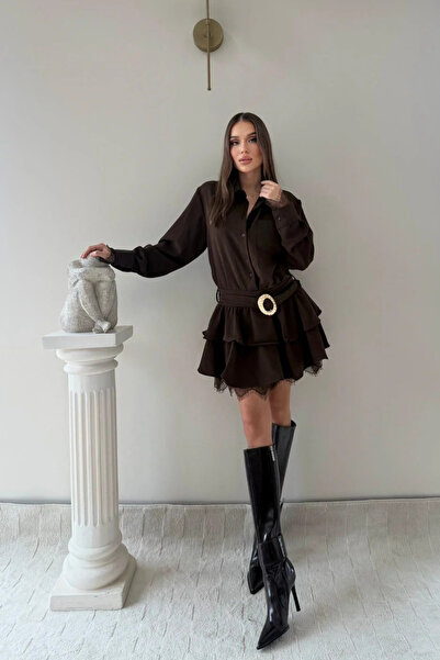 MOZENA Φόρεμα πουκάμισο με ζώνη στη μέση και λεπτομέρεια από δαντέλα