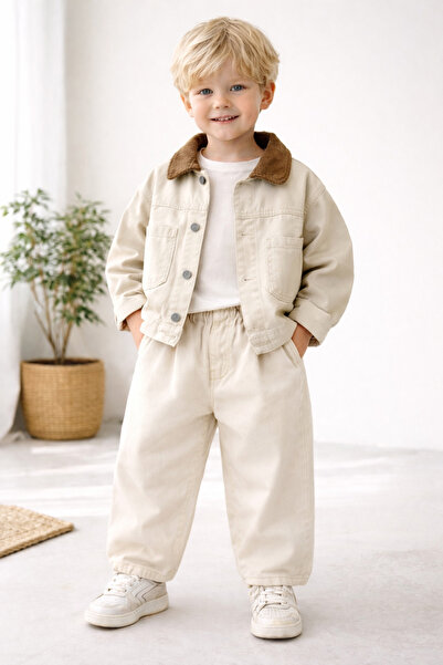 Motebarn Wear Хлопчачий комплект з кремових джинсових штанів і вельветового п...