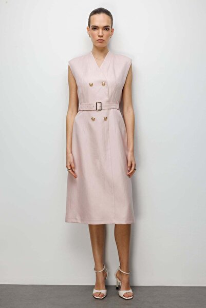 Ekol Beli Kuşaklı Süs Düğmeli Midi Elbise