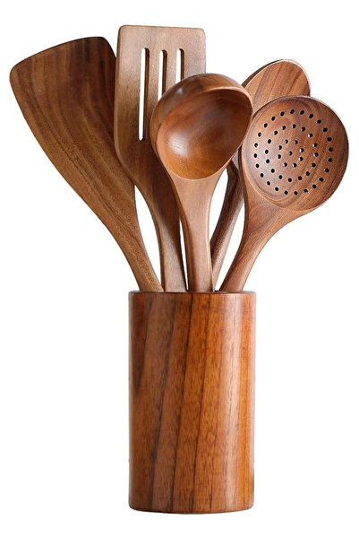 Pomefar طقم أدوات مطبخ خشبية من 6 قطع، ملاعق وشوك وملعقة تقليب مقاومة للحرارة...