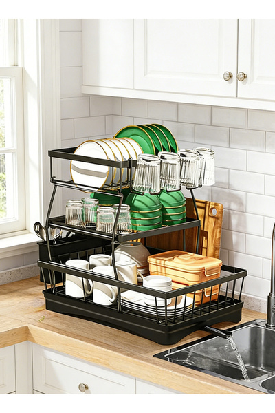 Yoawllty Dish Rack, 3 Tier Dish Drying Stand with Drain Board, Dish Drainer f...