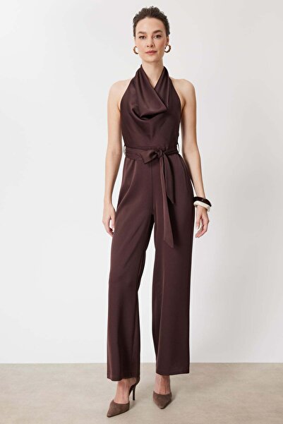 Mi Pret a Porter Mi Degaje Yaka Kuşaklı Saten Tulum