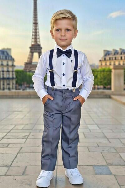 Riccotarz Boy's Embroidered Long Sleeve Shirt and Strappy Gray Trousers Top a...