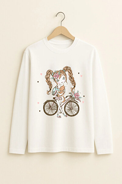 MYADA Tricou pentru copii cu mânecă lungă, imprimat cu fată pe bicicletă, Pre...