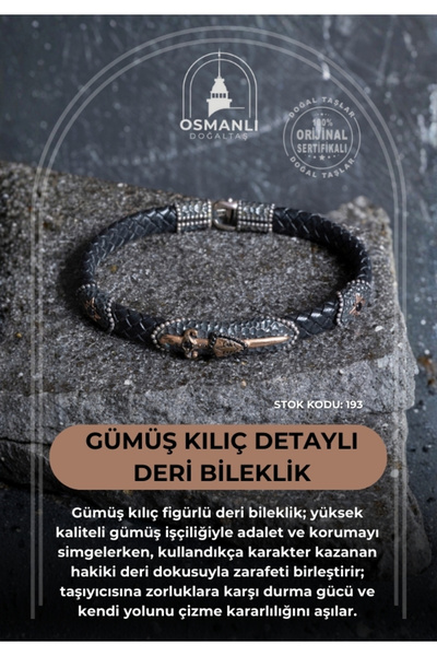 OSMANLI DOĞAL TAŞ Sertifikalı Gümüş Kılıç Detaylı Deri Bileklik (SK:193)