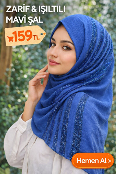 Store Işıltı Şeritli Premium Mavi Dikdörtgen Şal – Özel Seri