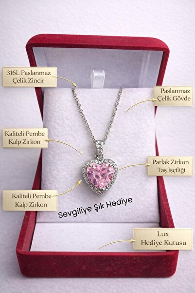 Sobe Hediyelik Stainless Steel Heart Necklace – Pink Zircon Stone, Gift for Y...