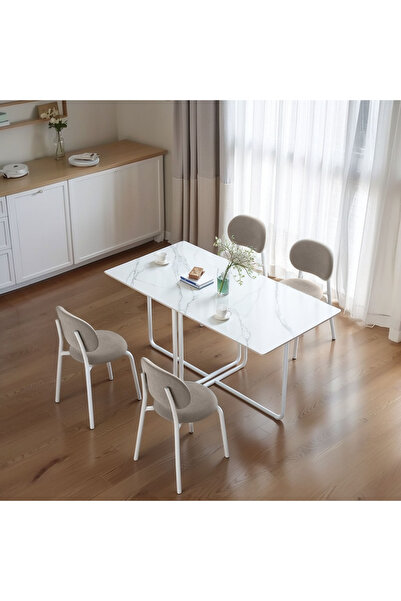 EqiEch طاولة طعام بيضاء عصرية بأرجل معدنية بيضاء - 120×60×78 سم، طاولة مستطيل...