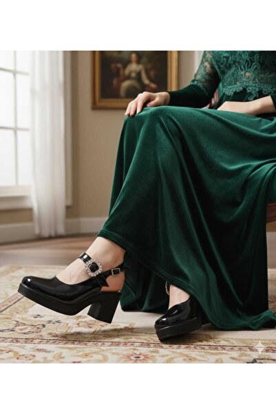 Victoria Rugan Platform Topuklu Mary Jane Ayakkabı - Taş Tokalı Kalın Topuk K...