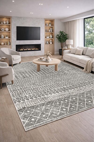 VOPTEKS Gri Beyaz Halı Salon Halısı Makinede Yıkanabilir Halı Kaymaz Taban Halı