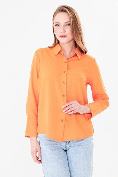 Sortie Women's Long Cuffed Comfortable Fit Orange Linen Shirt