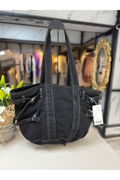 VENTUS MODA&ÇANTA Kemer Detaylı Fermuarsız Kot Siyah Omuz Çantası