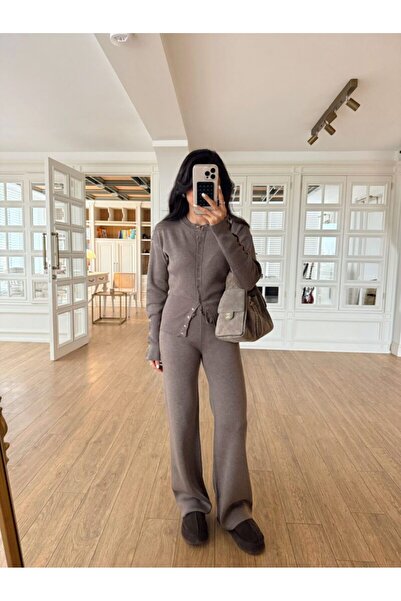 FMN Butik Women's Two-Piece Cardigan Pants Knitwear Set with Sleeve Details, ...