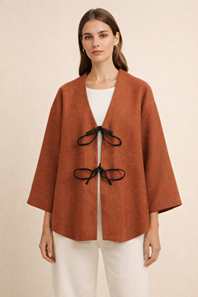Kirazgym Lace-Up Front Oval Cut Cashmere Kimono - Tile