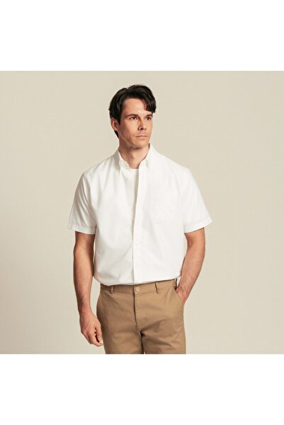 Giordano قميص رجالي أكسفورد قصير الأكمام مقاوم للتجاعيد