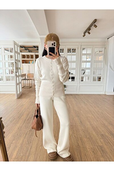 FMN Butik Women's Two-Piece Cardigan Pants Knitwear Set with Sleeve Details, ...