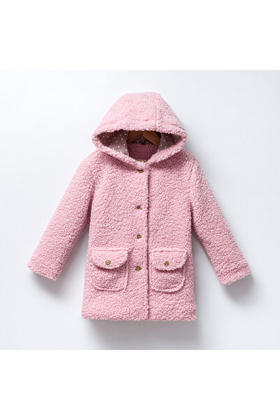 Generic Brand Rolly Red Powder Beige Buttoned Girl's Coat with Hat 6-7-8-9 Years