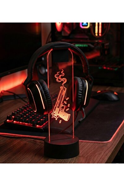 dekarasyon RGB Led Işıklı FPS Oyuncu Silah Desenli Masaüstü Kulaklık Standı T...
