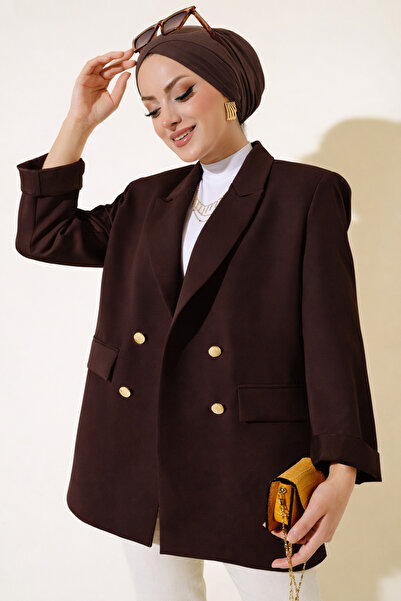 Tesettür Diyarı Kruvaze Yaka Düğmeli Blazer Tesettür Ceket- Acı Kahve