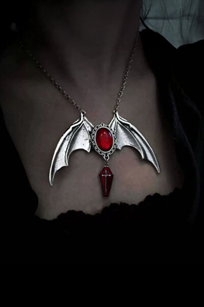 Karakedi Silver Gothic Vampire Bat Red Stone Coffin Cross Pendant
