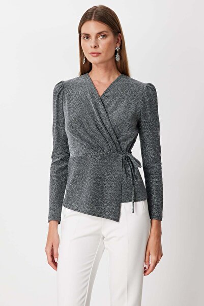 Mi Pret a Porter Mi Yandan Bağlamalı Kruvaze Yaka Simli Bluz