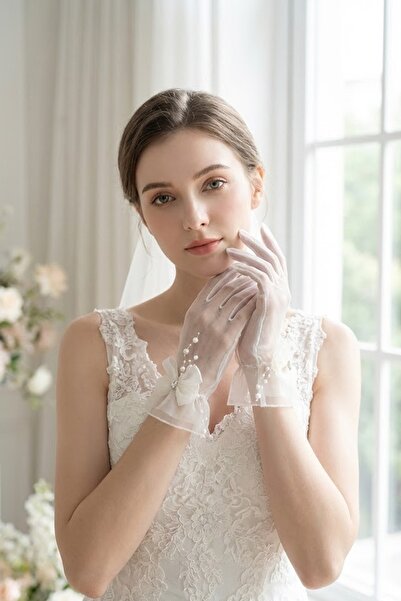 Hobigram Opalia Bow & Pearl Pendulum Detailed Above-Wrist Tulle Bridal Gloves