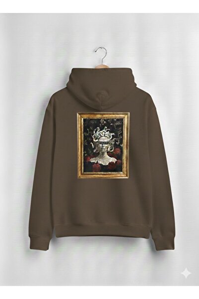 CAST COLLECTİON Unisex Brown Medusa Rose Detailed Printed Hooded Sweatshirt