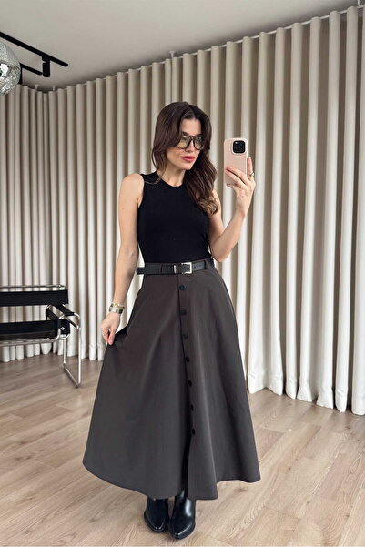 Sue Store Black and Brown Skirted Poplin Dress with Button Detail and Belt