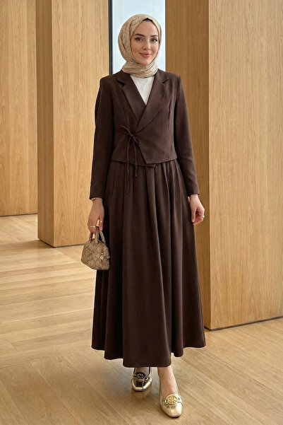 Kirazgym Women's Tie-Front Skirt and Jacket Double Hijab Set - Dark Brown