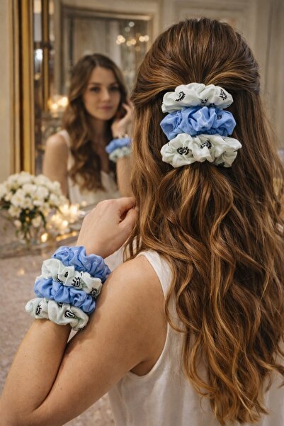 Pedimu مجموعة من 4 مشابك شعر مطاطية، 2 زرقاء سادة و2 بيضاء بنمط الشال