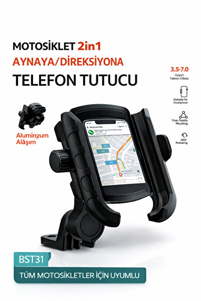 TUROVE Motosiklet Telefon Tutucu – Ayna & Direksiyon Uyumlu, 360° Dönebilen, ...