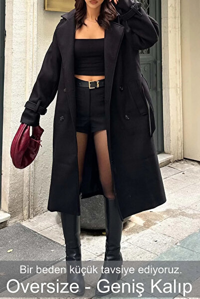 Concept. Kadın Siyah Oversize Kuşaklı Premium Kaşe Kaban | Astarlı & Cepli(Mo...