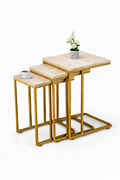 Riyes Tasarım Ahşap 3’lü Tekerlekli Zigon Sehpa Seti – Gold Metal Ayaklı – Mo...