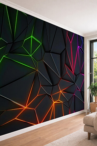 dreamwall Geometrik Desenli Renkli Neon Işık Efektli 3D Görünümlü Tek Parça T...