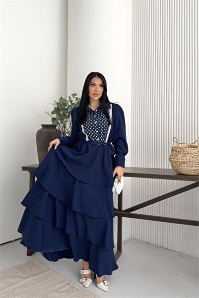 Neşeli Butik Жіноча синя сорочка з коміром, мереживною обробкою та багатошаро...