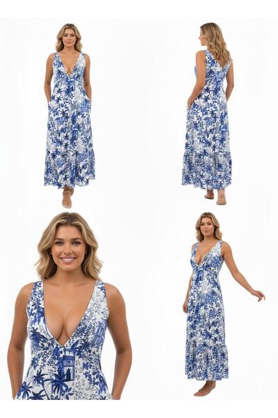 marvion Kadın Mavi Beyaz Alaçatı Desen Eteği Katlı Askılı Kloş Viskon Elbise