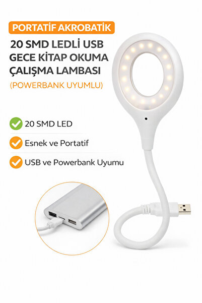 Ecuy Portatif Akrobatik USB LED Okuma ve Çalışma Lambası 20 SMD LED Powerbank...