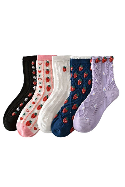 EFAYN.RO Sosete dama, set 5 perechi, model cu capsuni, culori vibrante, marim...