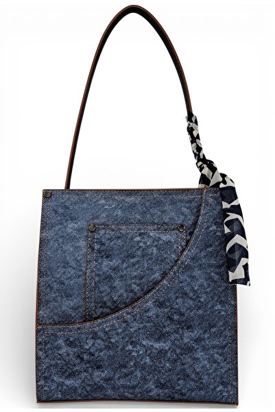 Evident Navy Blue Pocket Detailed Scarf Denim Look Faux Leather Women's Shoul...