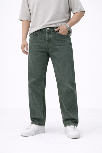oraystore بنطلون جينز رجالي فضفاض قابل للغسل باللون الأخضر، قطعة دينيم مريحة