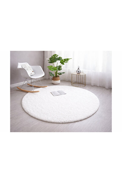 Sarar Yuvarlak Tüylü Peluş Kaymaz Jel Taban Beyaz Pofuduk Halı Yolluk Kilim