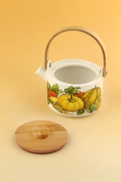 Bursa Porselen Dekor Sarı kabak bambu kapaklı mini porselen demlik