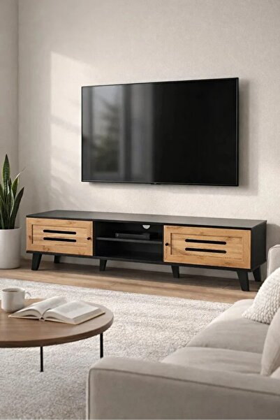 N.zone حامل تلفزيون خشبي عصري أسود اللون بألواح أمامية من خشب البلوط، أبعاده ...