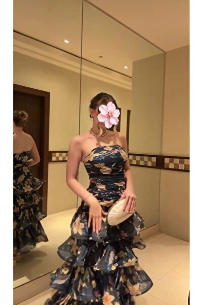 LUNA FASHİON Black Chiffon Dress with Floral Layers