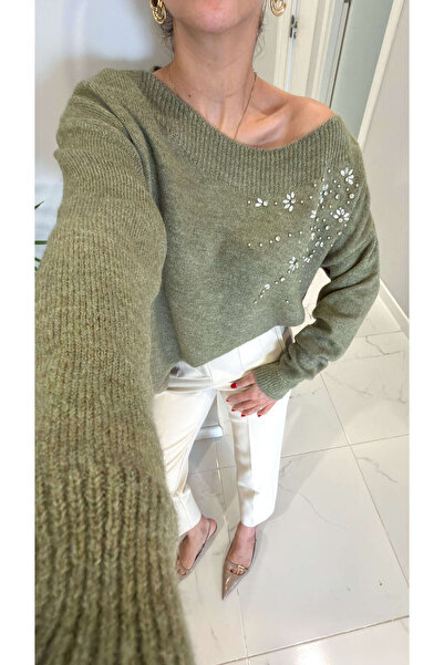 BİRCANÇİL Nonre Tricotaj verde deschis cu detaliu de piatră pe umăr