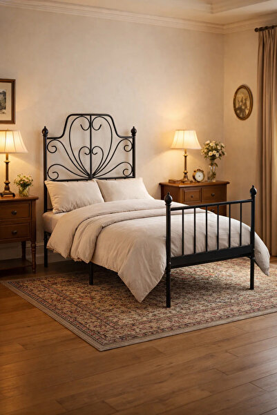 MARIA HOMES Black Metal Bed Frame with Decorative Headboar BLACK (90*190 cm)