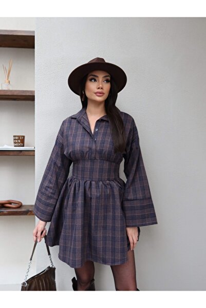 ESRAHELVACI Shirt Collar Tie Plaid Dress
