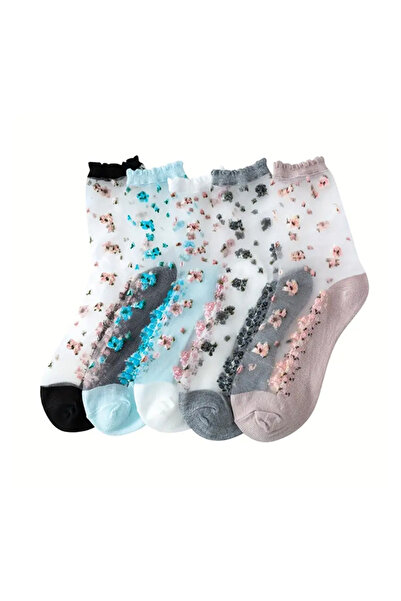 EFAYN.RO Women's socks, set of 5 pairs, delicate semi-transparent pattern, si...