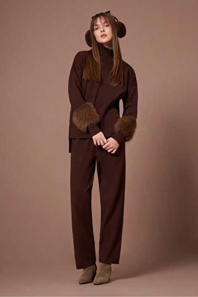 FTZ WOMEN Women's Fur Detailed Double Suit Bitter Brown 25303