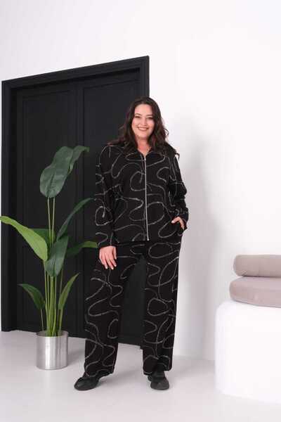 Şans Set de trening pentru femei, mărime mare, negru, cu aplicații de piatră,...